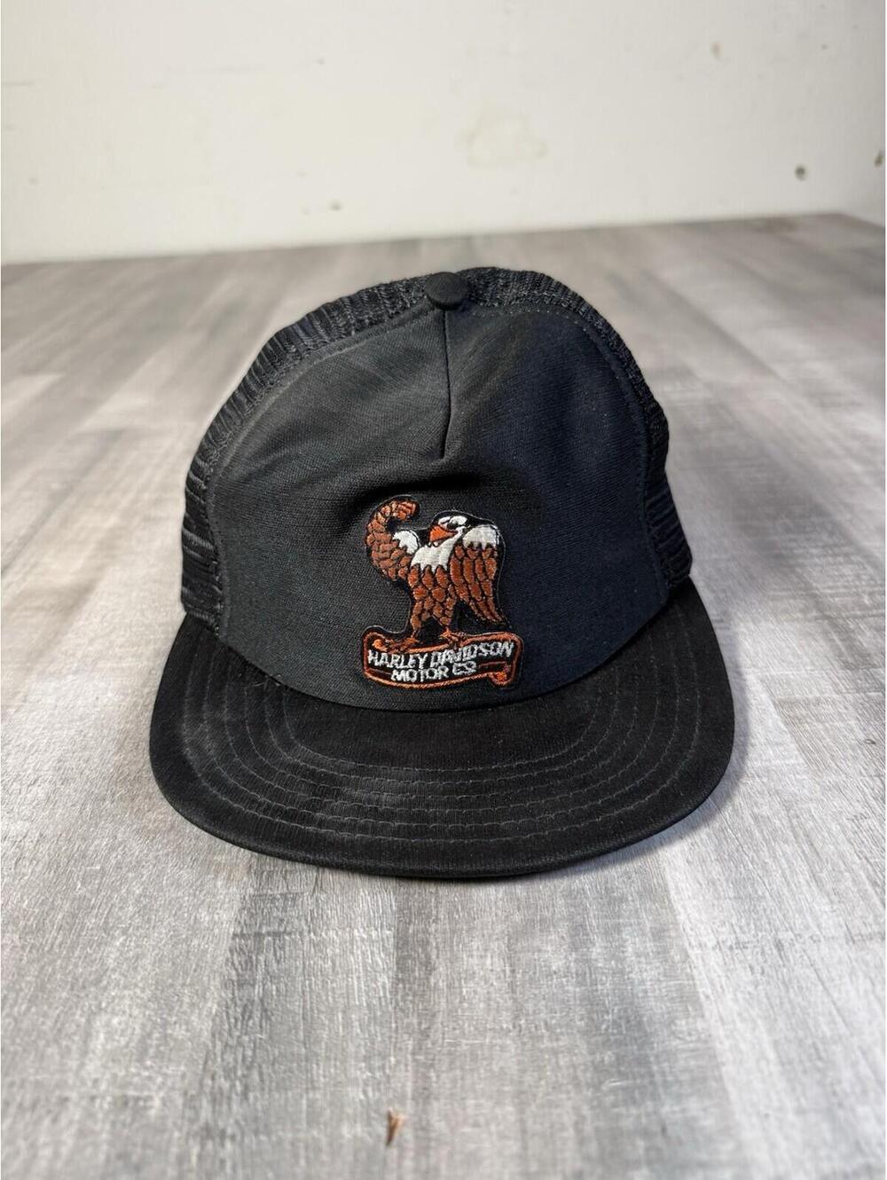 Vtg 1980s HARLEY DAVIDSON Motor Co EAGLE flexing SnapBack Trucker Hat Cap USA